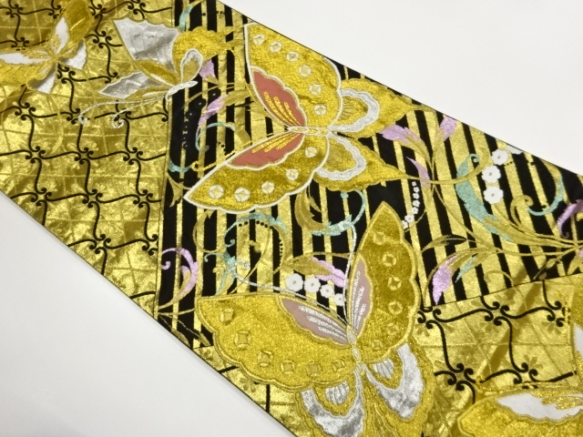 JAPANESE FUKURO OBI / WOVEN FLOWER ARABESQUE & BUTTERFLY